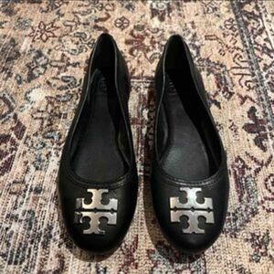 Tory Burch Designer Black Silver Logo Reva Flats Size 7.5